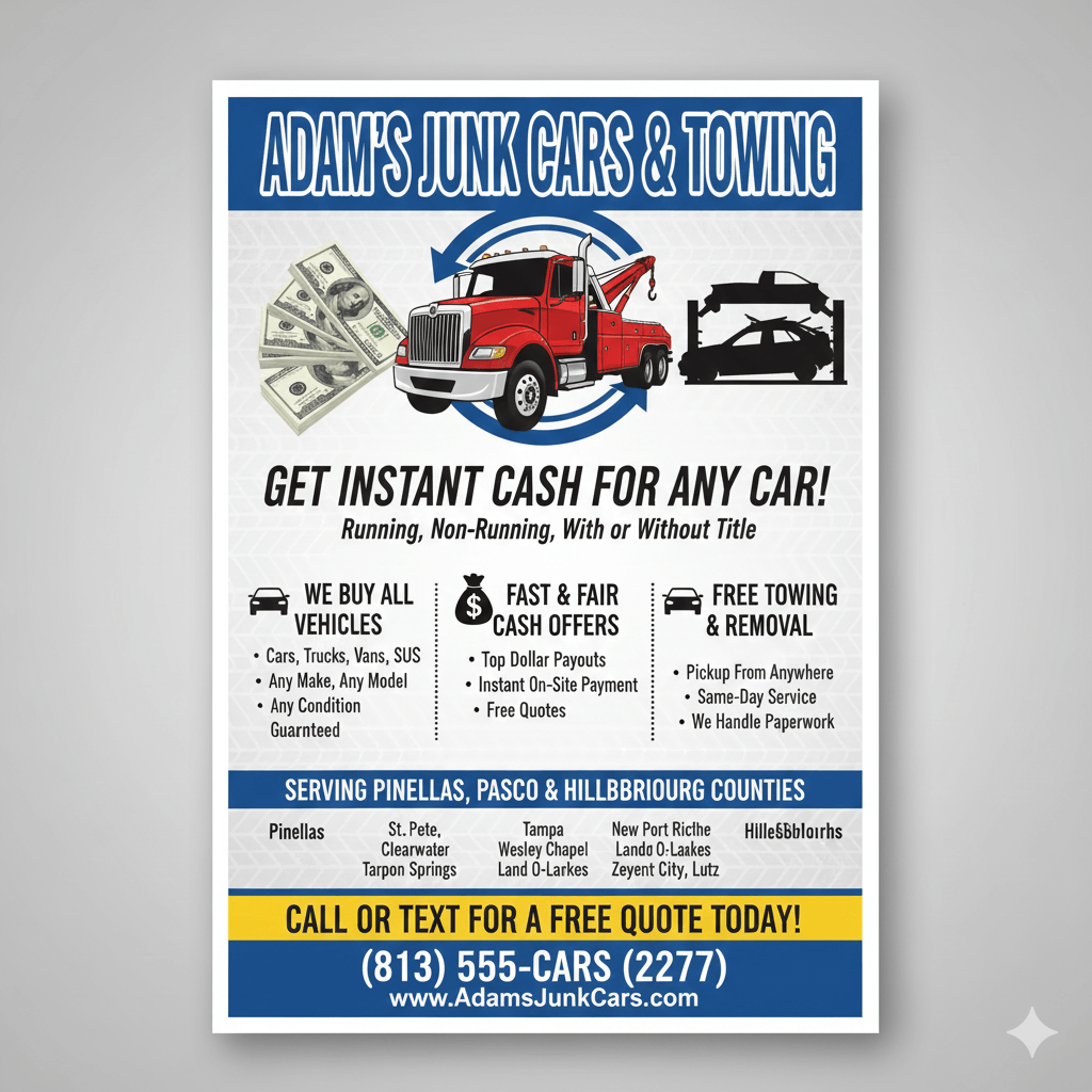 Adam's Junk Cars & Towing: Your Top Choice for Cash in Pinellas, Pasco, & Hillsborough 1 Gemini Generated Image s5z977s5z977s5z9