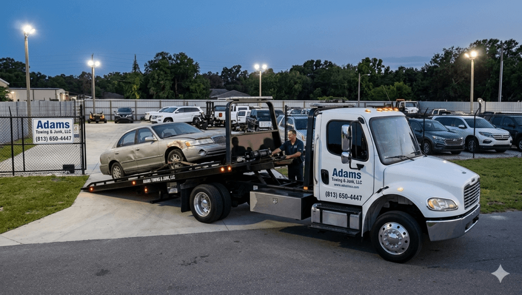 Tow truck loading a vehicle at night, get cash for junk cars