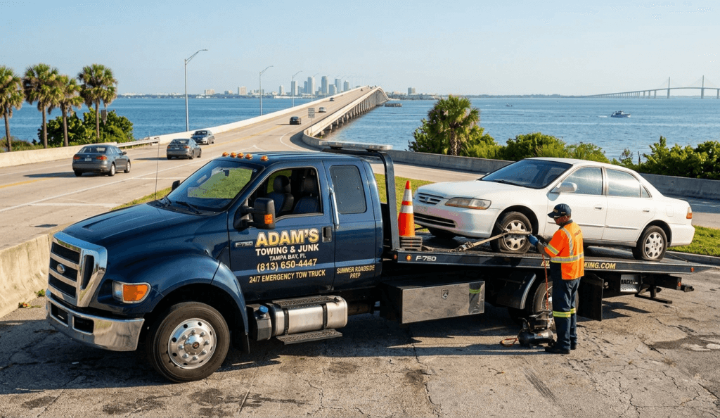 Adam's Towing & Junk flatbed truck providing summer roadside prep assistance near the Courtney Campbell Causeway in Tampa Bay.